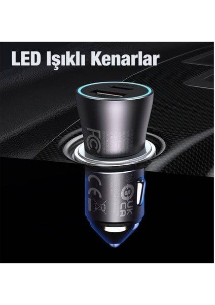 LED Işıklı Dual 60W Ultra Hızlı Araç Şarjı Type-C+ USB Araç Çakmaklık Şarjı