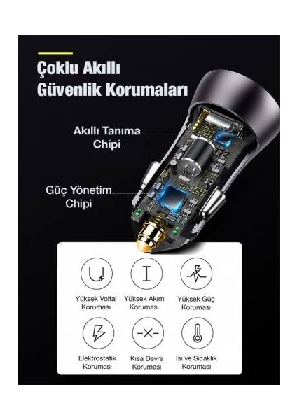 LED Işıklı Dual 60W Ultra Hızlı Araç Şarjı Type-C+ USB Araç Çakmaklık Şarjı