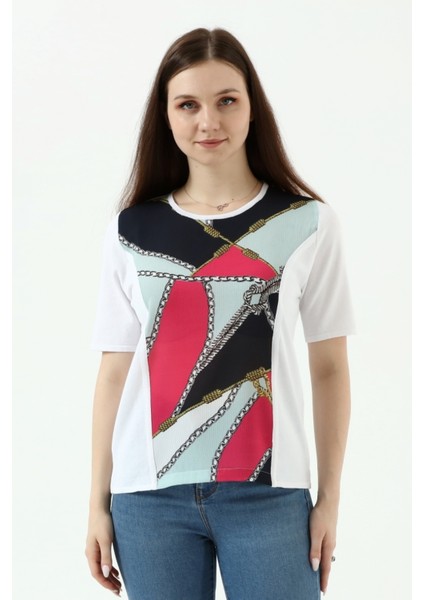 Beyaz Metalik Baskılı Bluz T-Shirt