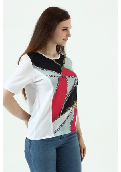 Beyaz Metalik Baskılı Bluz T-Shirt modelleri