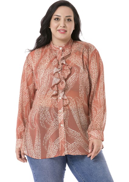 Büyük Beden Yakası Volanlı Manşetli Şifon Kiremit Rengi Gömlek