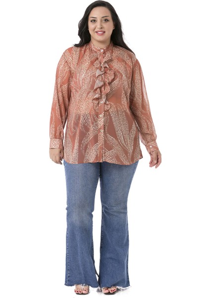 Büyük Beden Yakası Volanlı Manşetli Şifon Kiremit Rengi Gömlek fiyatları