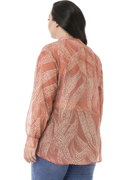 Büyük Beden Yakası Volanlı Manşetli Şifon Kiremit Rengi Gömlek modelleri