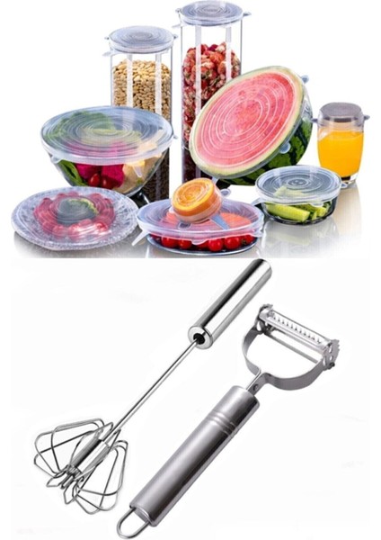 Silikon Strech Kapak 6'lı - Otomatik Basmalı Çırpıcı ve Jülyen Sebze Meyve Soyacağı