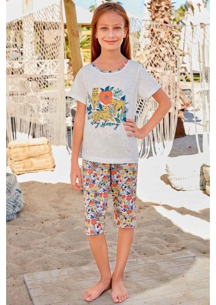5596 Kız Çocuk Kapri Pijama Takımı Ekru - 7-8 Yaş