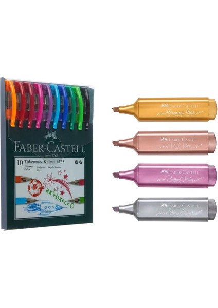 1425 Tükenmez Ailesi 10'lu + Faber-Castell Metalik Fosforlu Kalem 4 Adet