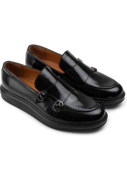 Deri Siyah Comfort Çift Tokalı Erkek Loafer