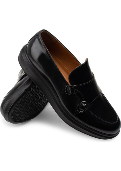 Deri Siyah Comfort Çift Tokalı Erkek Loafer