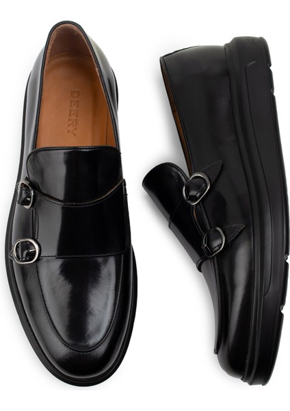 Deri Siyah Comfort Çift Tokalı Erkek Loafer