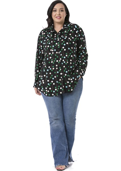 Büyük Beden Katlamalı Kollu Sahte Cep Kapaklı Desenli Siyah Kadın Gömlek fiyatları