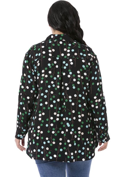 Büyük Beden Katlamalı Kollu Sahte Cep Kapaklı Desenli Siyah Kadın Gömlek modelleri