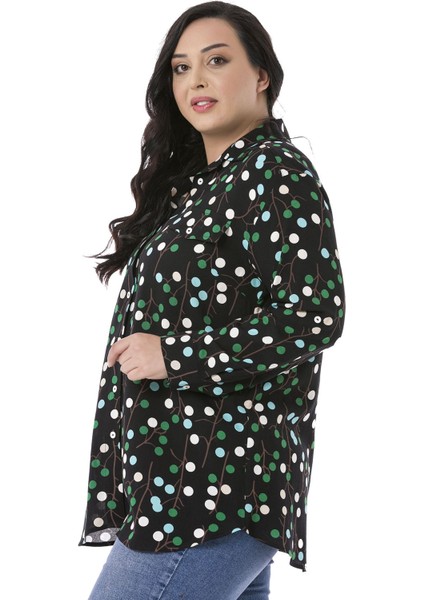 Büyük Beden Katlamalı Kollu Sahte Cep Kapaklı Desenli Siyah Kadın Gömlek indirimleri