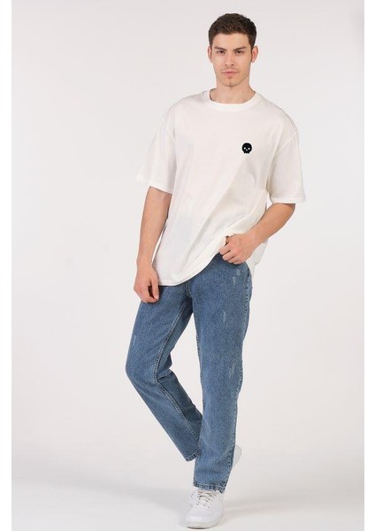 Unisex (Erkek -Kadın) Oversize T-Shirt Ekru (Beyaz) Sevimli Kuru Kafa modelleri