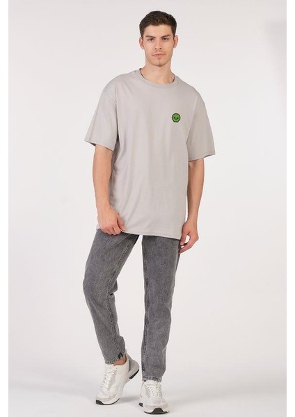 Unisex (Erkek -Kadın) Oversize ( Bol-Salaş ) T-Shirt Renk Gri Sevimli Kuru Kafa