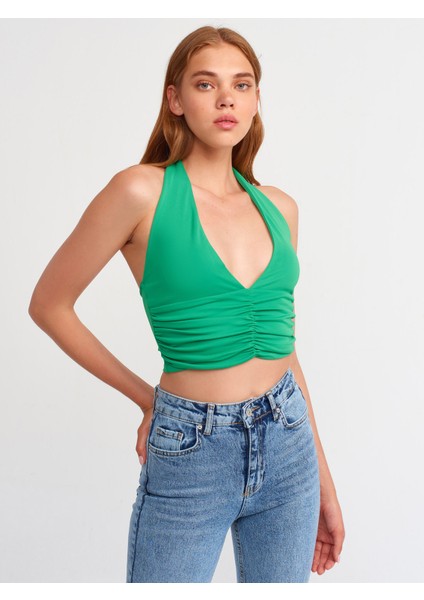 20154 Büzgü Detaylı Crop Top-Yeşil