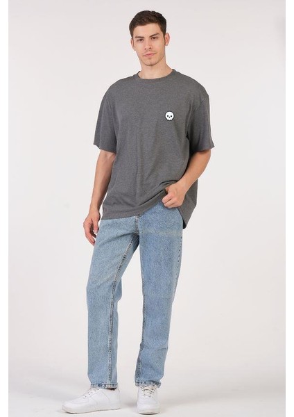 Unisex (Erkek -Kadın) Oversize ( Bol-Salaş ) T-Shirt Renk Antrasit Sevimli Kuru Kafa