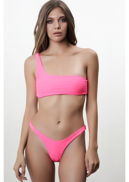 Tek Omuz Retro Neon String Bikini - Pembe