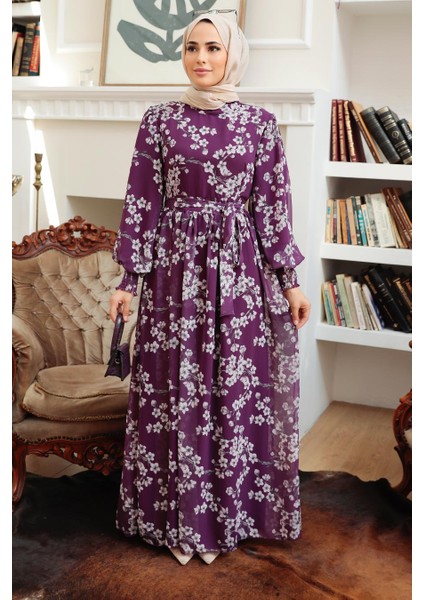 - Çiçek Desenli Mor Tesettür Elbise 56830MOR