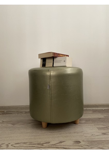 Ahşap Ayaklı Suni Deri Yuvarlak Puf