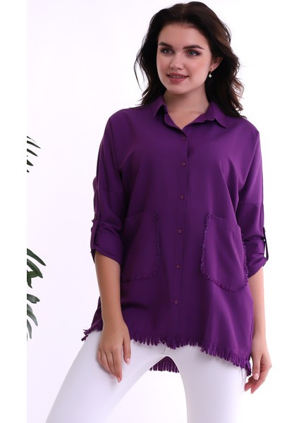 22032884 Şamre Eteği Püsküllü Çift Cepli Yıkamalı Gömlek Murdum