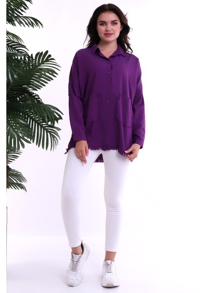 22032884 Şamre Eteği Püsküllü Çift Cepli Yıkamalı Gömlek Murdum fiyatları