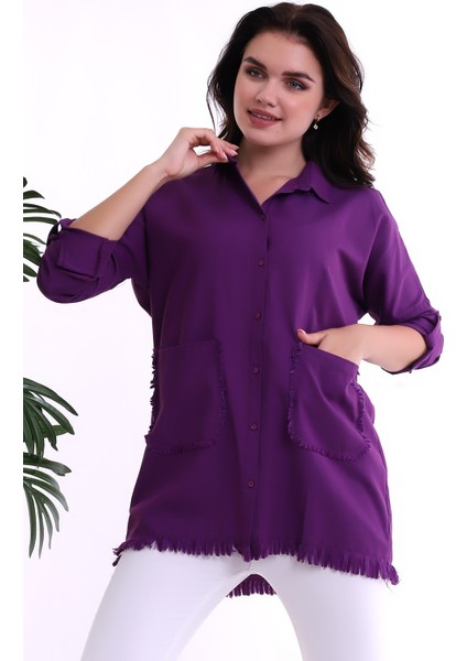 22032884 Şamre Eteği Püsküllü Çift Cepli Yıkamalı Gömlek Murdum modelleri