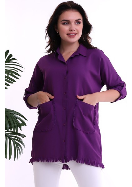 22032884 Şamre Eteği Püsküllü Çift Cepli Yıkamalı Gömlek Murdum fırsatları