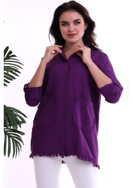 22032884 Şamre Eteği Püsküllü Çift Cepli Yıkamalı Gömlek Murdum indirimleri