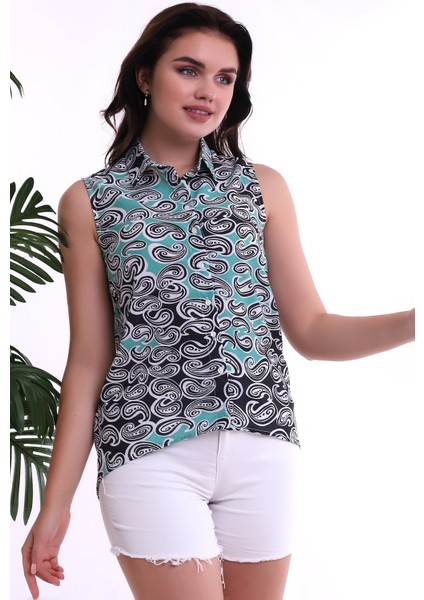 22221295 Dok.desenli Krep Kolsuz Gömlek Yesil Siyah