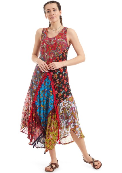 Şile Bezi Kırmızı Patchwork Elbise