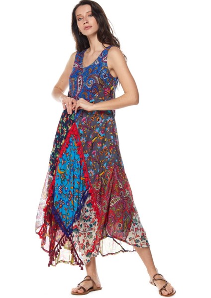 Şile Bezi Turkuaz Patchwork Elbise