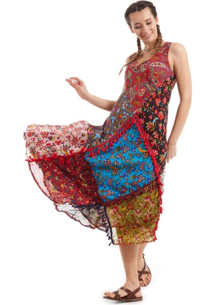Şile Bezi Kırmızı Patchwork Elbise