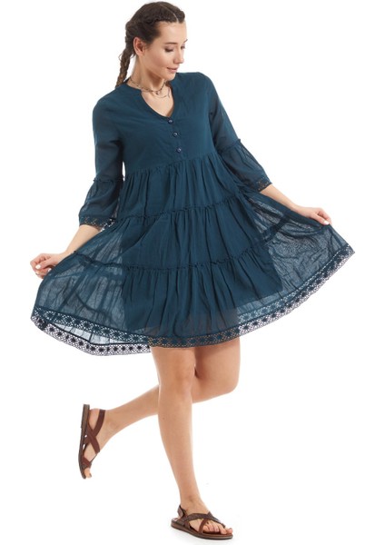 Kısa Kollu Petrol Düğmeli Elbise