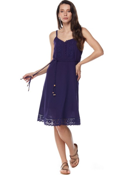 Şile Bezi Mor Askılı Kemerli Elbise