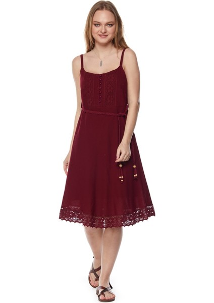 Şile Bezi Bordo Askılı Kemerli Elbise