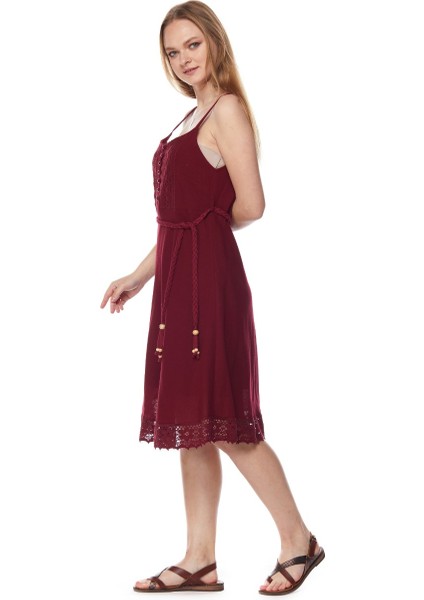 Şile Bezi Bordo Askılı Kemerli Elbise modelleri