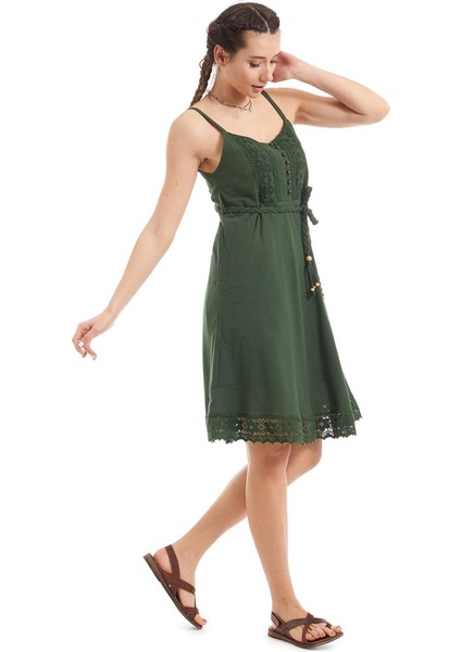 Şile Bezi Yeşil Askılı Kemerli Elbise fiyatları
