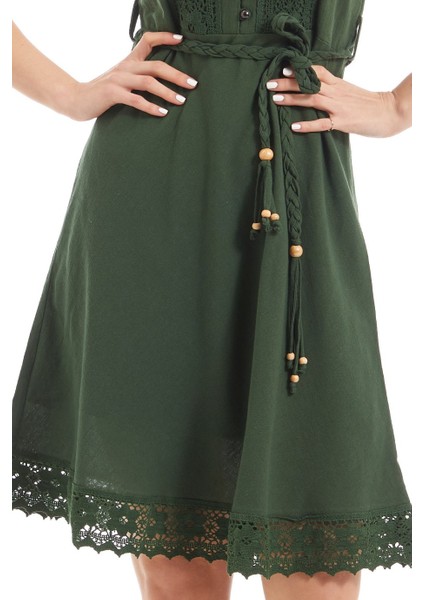 Şile Bezi Yeşil Askılı Kemerli Elbise indirimleri