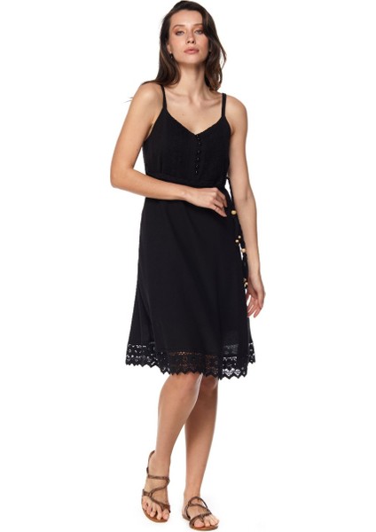 Şile Bezi Siyah Askılı Kemerli Elbise