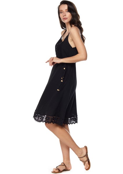 Şile Bezi Siyah Askılı Kemerli Elbise fiyatları