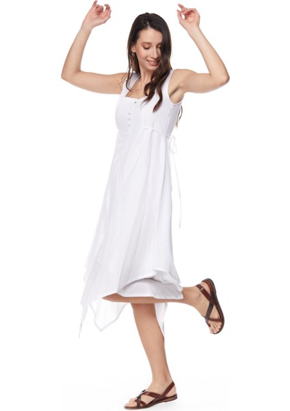 Şile Bezi Beyaz Asimetrik Düğmeli Elbise fiyatları