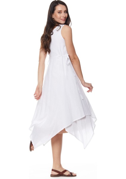 Şile Bezi Beyaz Asimetrik Düğmeli Elbise modelleri