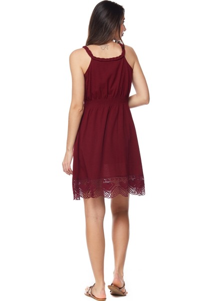 Şile Bezi Bordo Askılı Mini Elbise