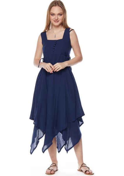 Şile Bezi Lacivert Asimetrik Düğmeli Elbise