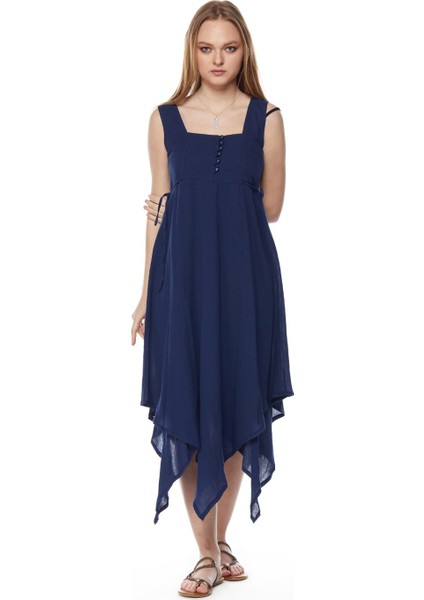 Şile Bezi Lacivert Asimetrik Düğmeli Elbise fiyatları