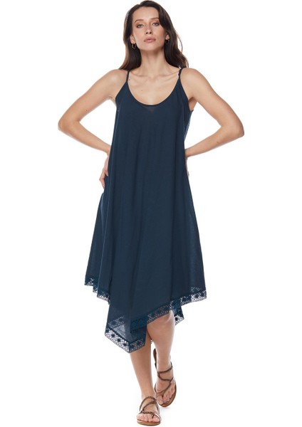 Şile Bezi Petrol Askılı Asimetrik Elbise