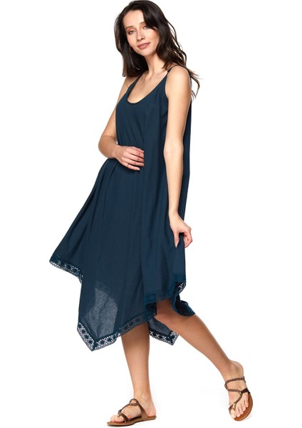 Şile Bezi Petrol Askılı Asimetrik Elbise fiyatları