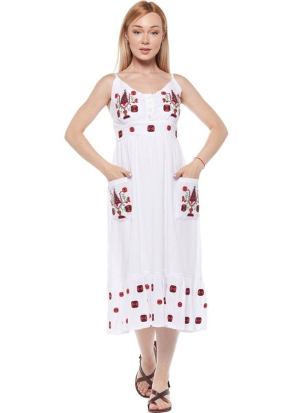Şile Bezi Beyaz Otantik Askılı Nakışlı Elbise