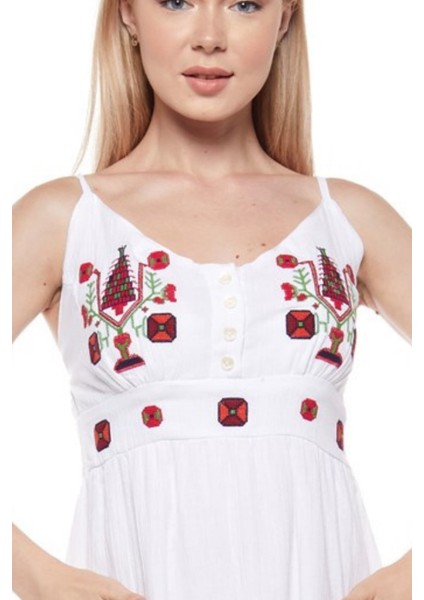 Şile Bezi Beyaz Otantik Askılı Nakışlı Elbise indirimleri