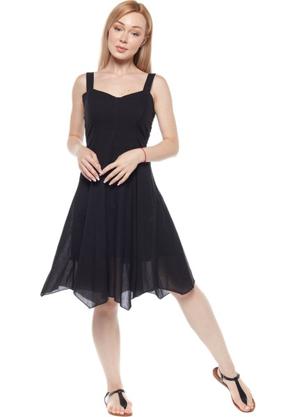 Şile Bezi Siyah Askılı Asimetrik Elbise